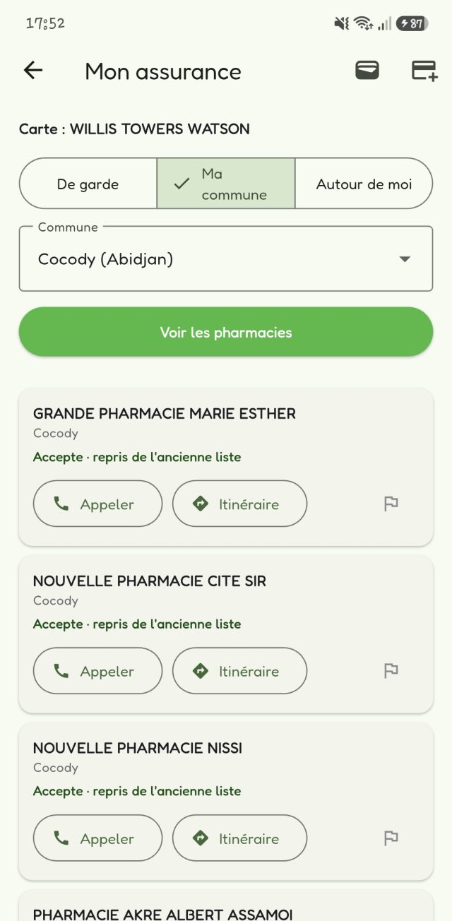 Pharmacies acceptant une carte d'assurance, par commune