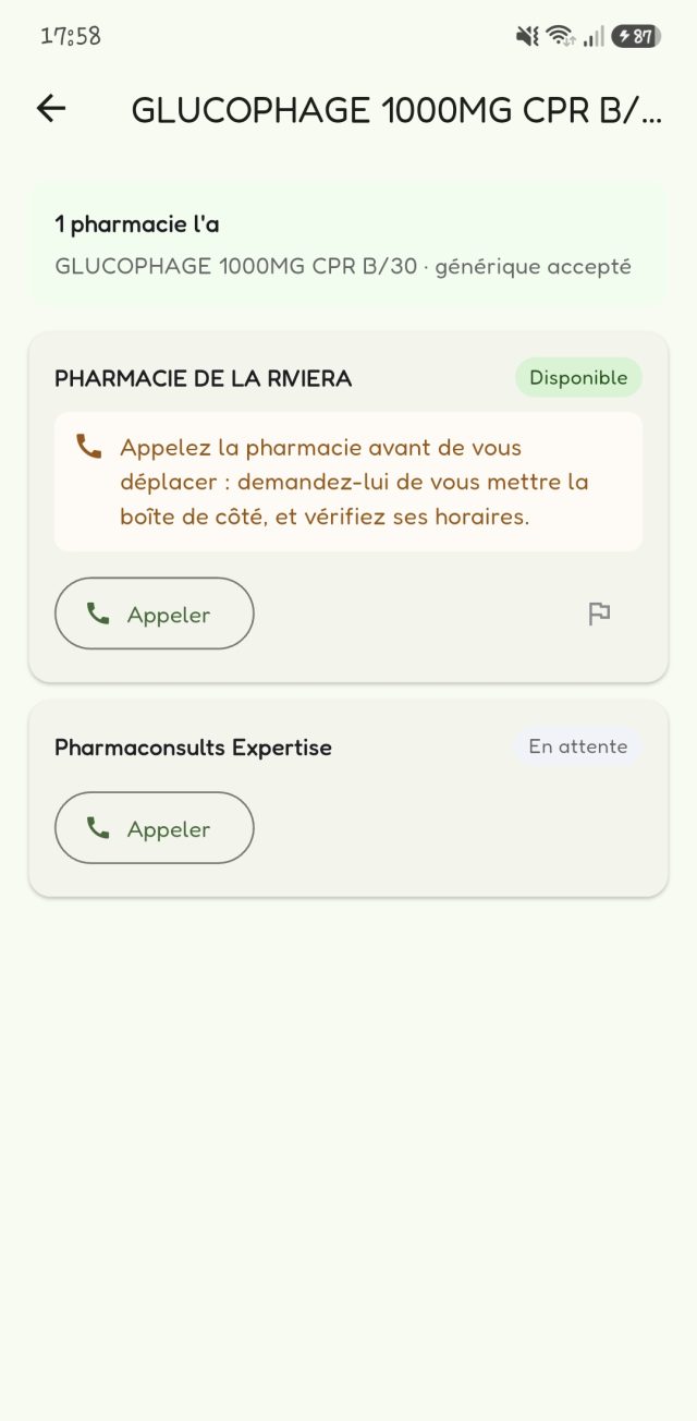 Réponses des officines à une recherche de médicament