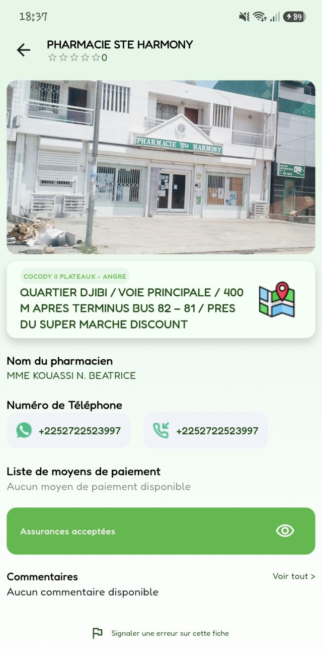 Fiche d'une pharmacie : photo de la devanture, adresse, téléphone
