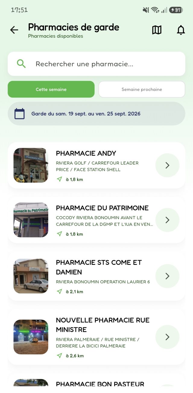 Liste des pharmacies de garde dans l'application, avec photo et distance