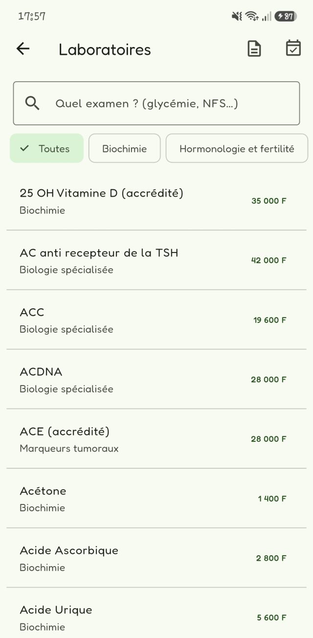 Liste des examens de laboratoire avec leur prix