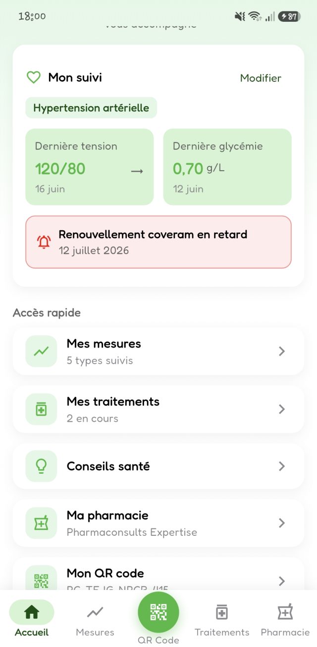 Écran de suivi santé : dernières mesures, traitements en cours et rappel de renouvellement