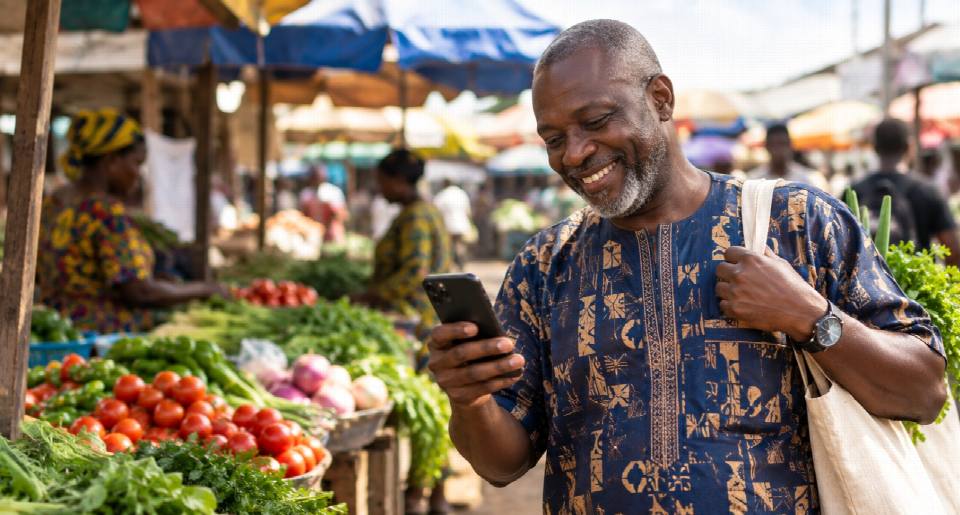 un homme souriant, regarde son téléphone